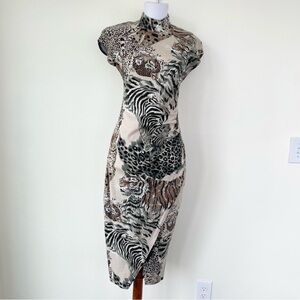 Vintage Scarlett Safari Animal Print Mock Neck Midi Dress Made in USA 4 S Small